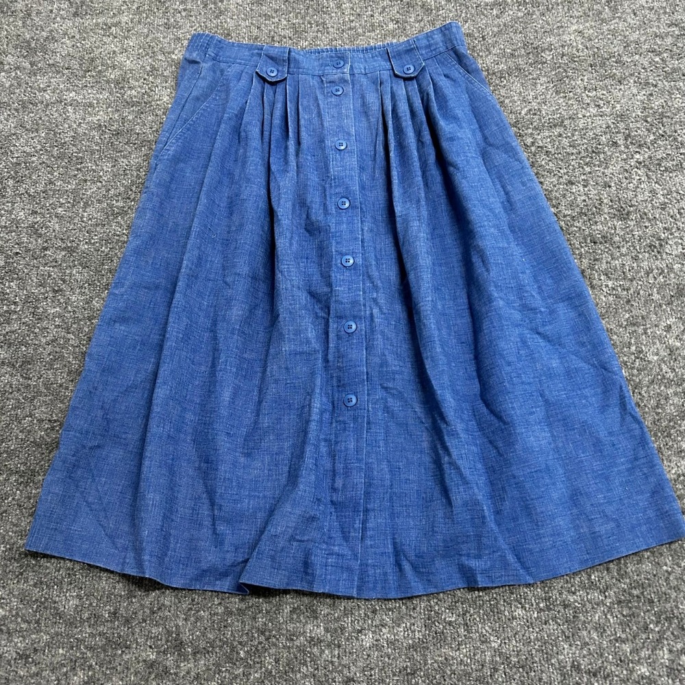 Eccobay Skirt Womens Size 14 Blue Chambray Button Front Pleated Elastic Waist